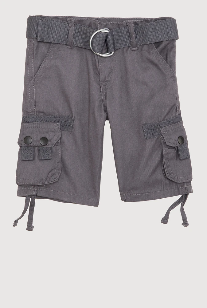 Toddler Boys Tie Hem Belted Cargo Shorts, Grey,