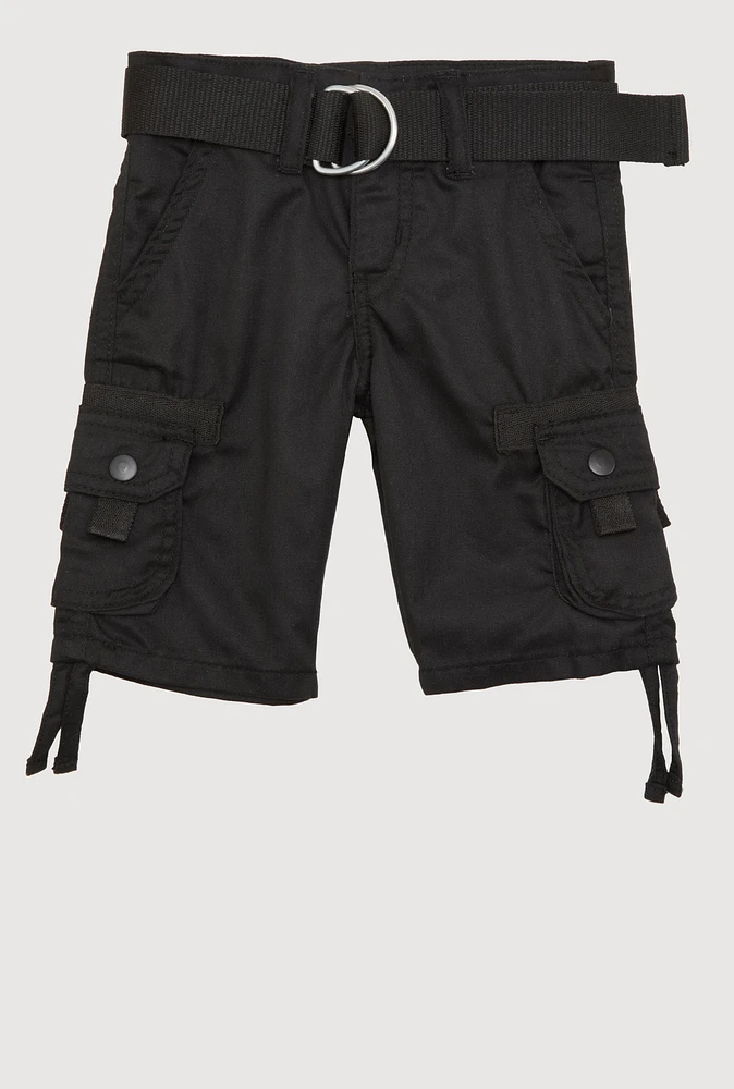 Toddler Boys Belted Tie Hem Cargo Shorts, Black, Size 4T
