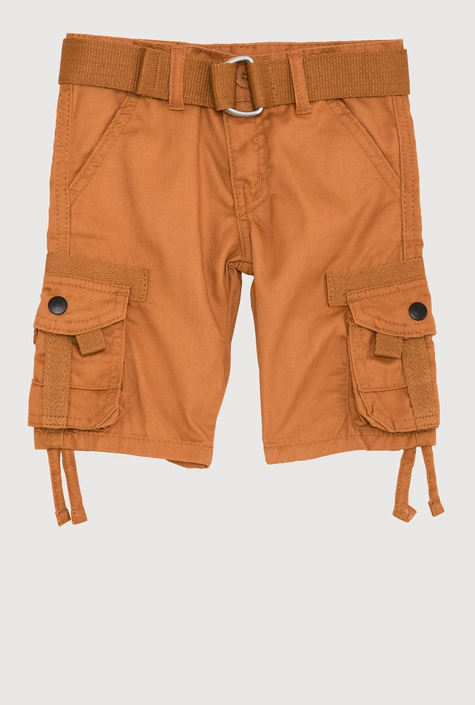 Toddler Boys Tie Hem Belted Cargo Pocket Shorts, Brown, Size 4T