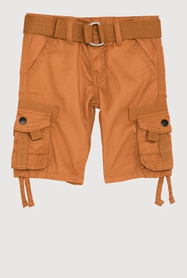 Toddler Boys Tie Hem Belted Cargo Pocket Shorts, Brown, Size 4T