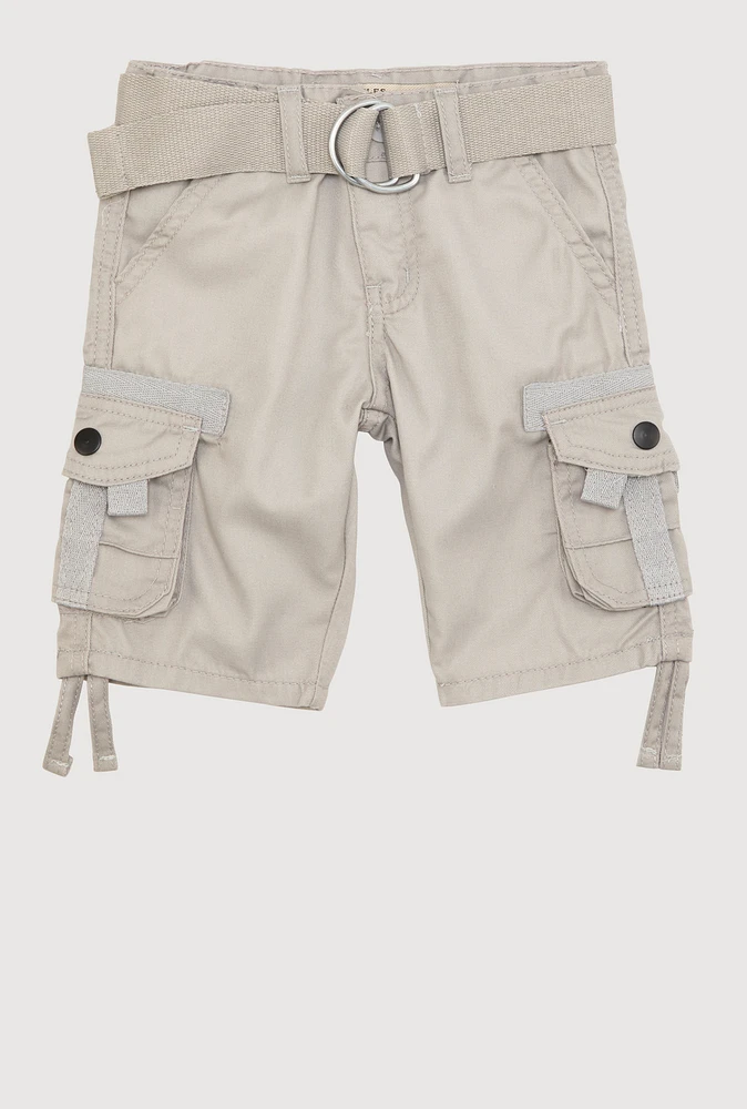 Toddler Boys Tassel Hem Belted Cargo Shorts, Grey, Size 4T