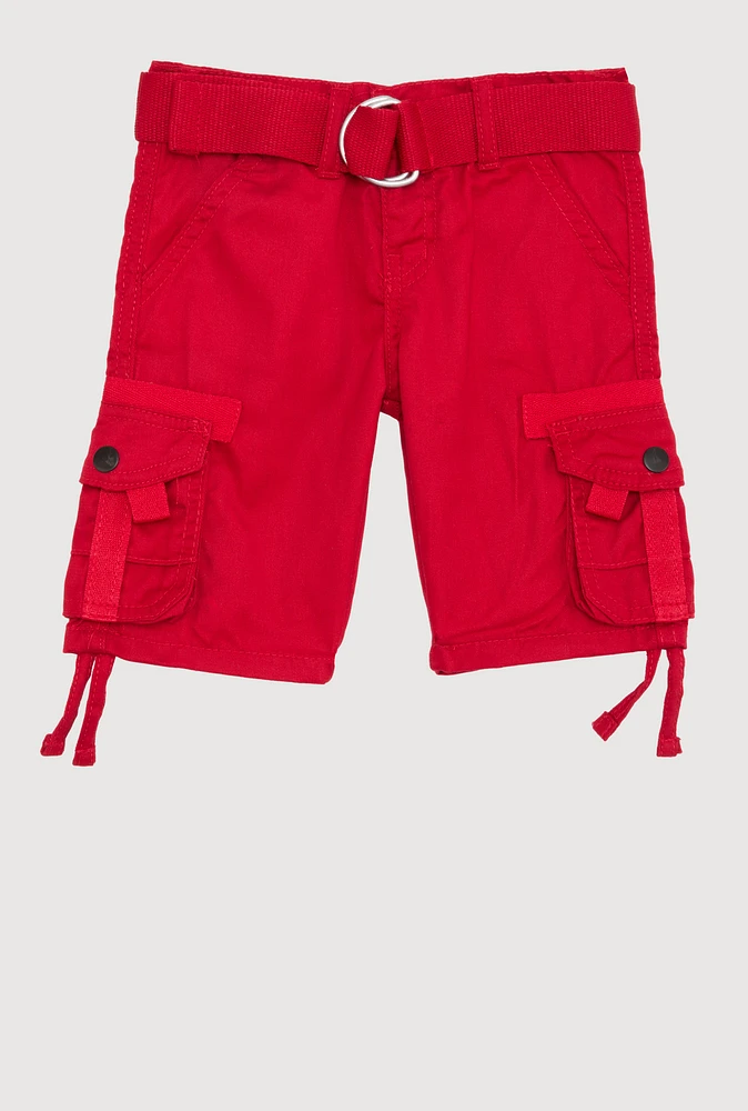 Toddler Boys Tassel Hem Belted Cargo Shorts, Red, Size 4T