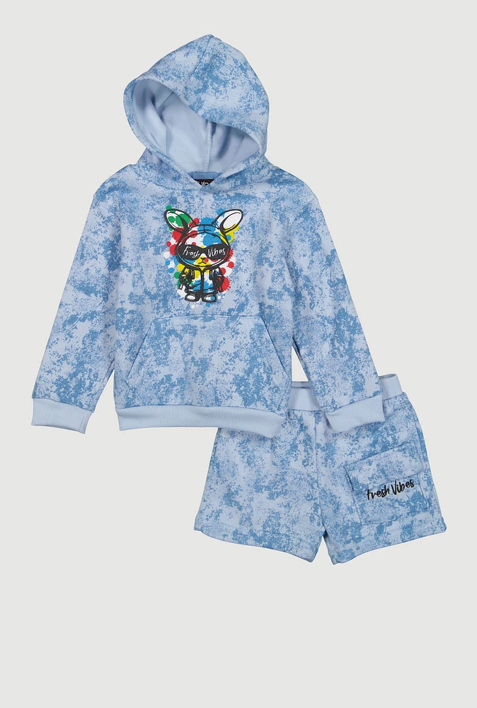 Toddler Boys Marble Print Fresh Vibes Graphic Hoodie and Shorts, Blue, Size 3T