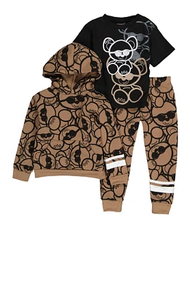 Toddler Boys Teddy Bear Graphic Hoodie and Tee with Joggers, Brown, Size 3T