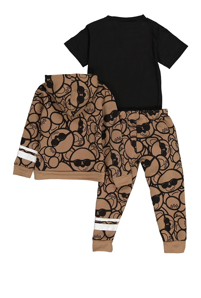 Toddler Boys Teddy Bear Graphic Hoodie and Tee with Joggers, Brown, Size 2T