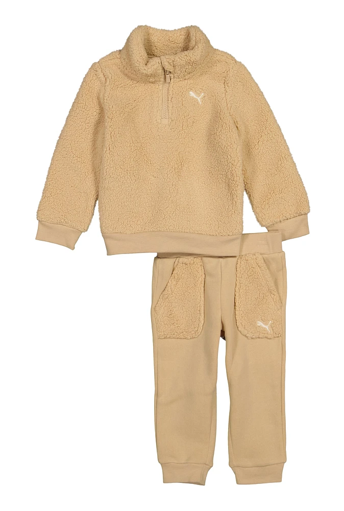 Toddler Boys Puma Sherpa Quarter Zip Sweatshirt and Joggers, Beige, Size 4T