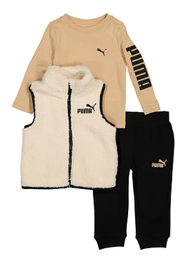 Toddler Boys Puma Sherpa Vest with Graphic Tee and Joggers, Beige, Size 2T