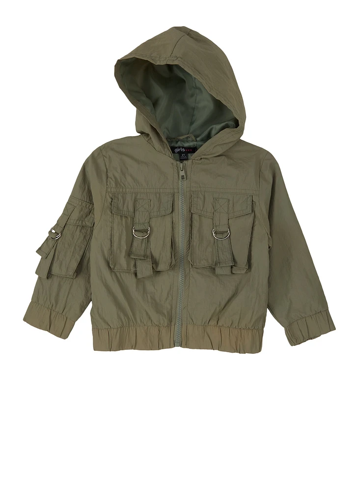 Toddler Girls Nylon Cargo Jacket, Green, Size 2T