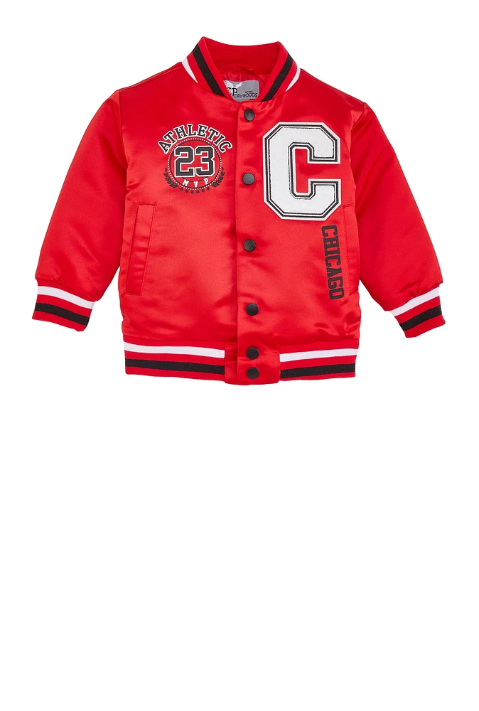 Toddler Boys City Chenille Patch Bomber Jacket, Red, Size 3T