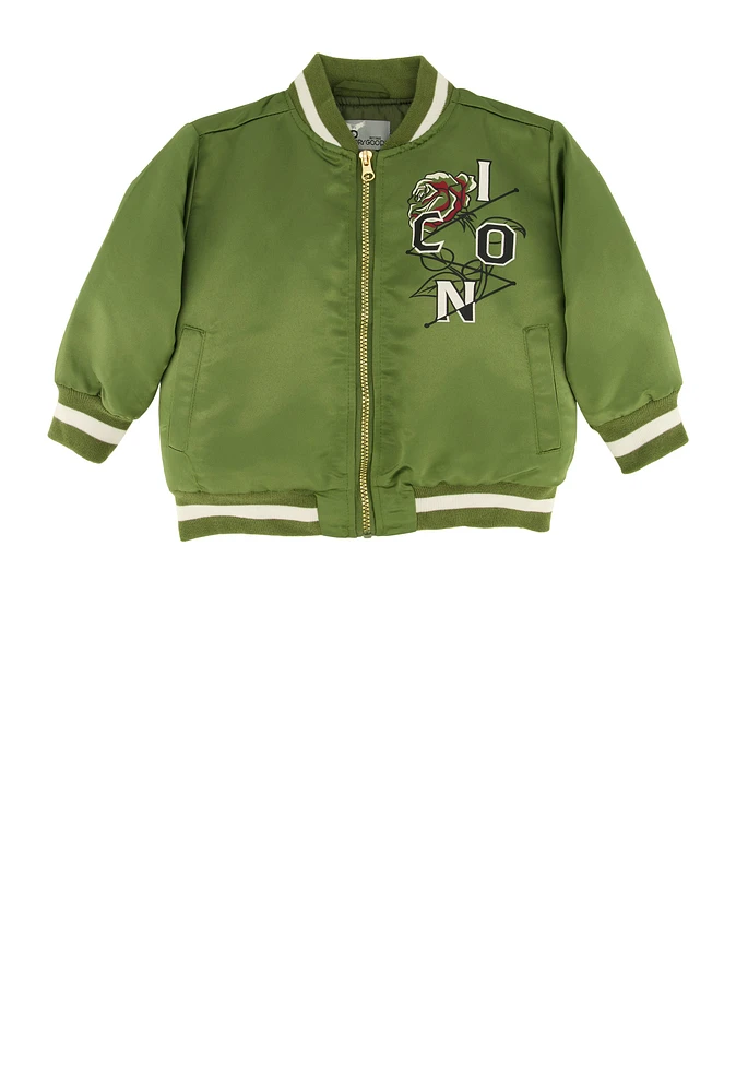 Toddler Boys Icon Rose Graphic Bomber Jacket, Green, Size 2T