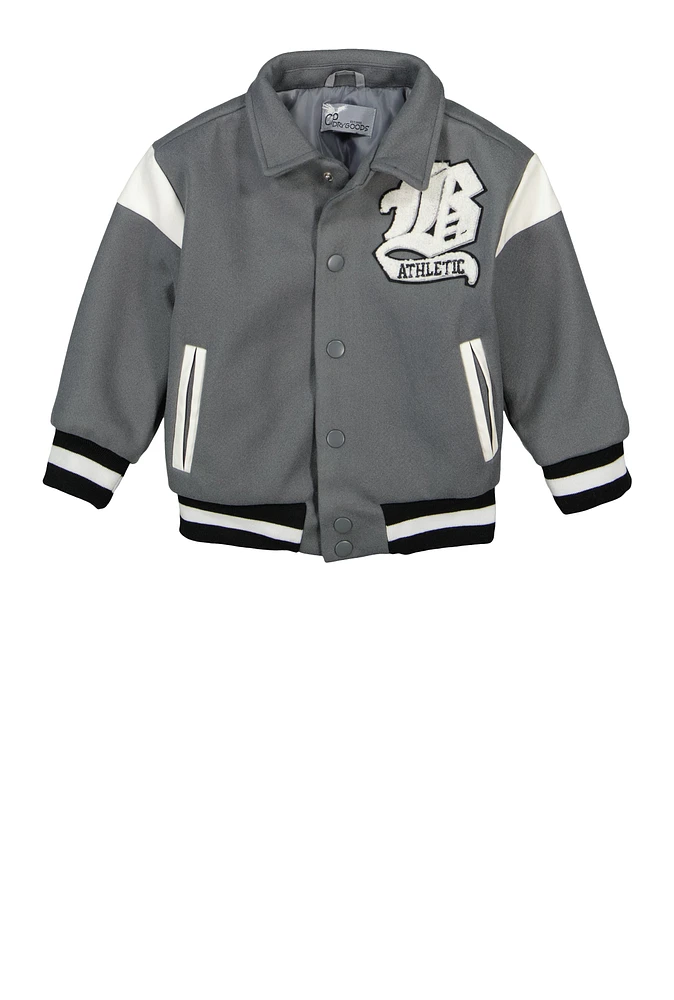 Toddler Boys B Initial Chenille Patch Varsity Jacket, Grey, Size 4T