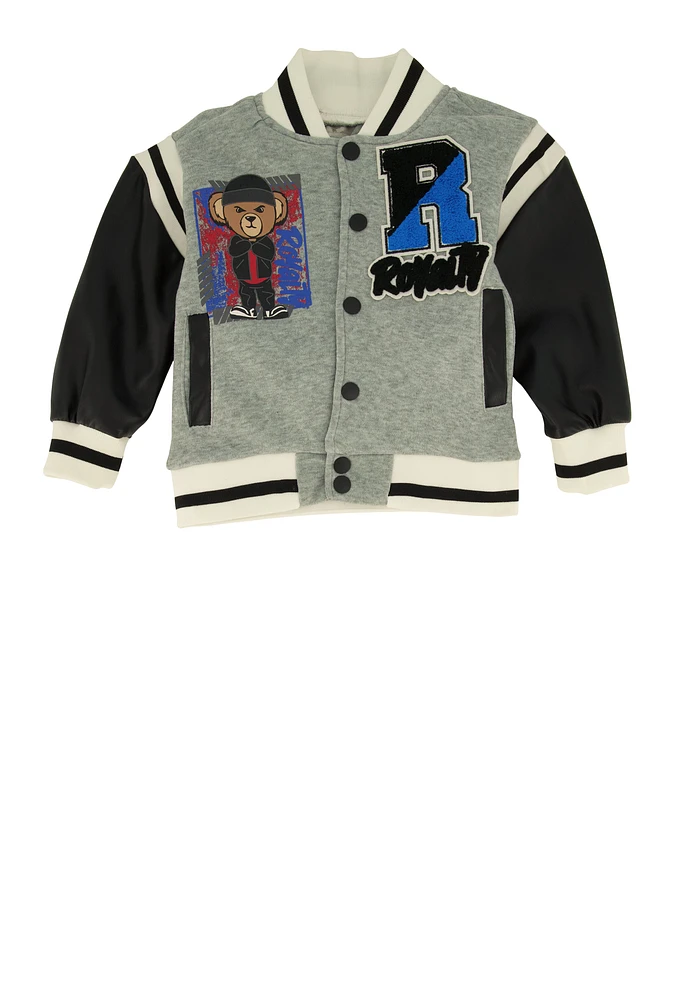 Toddler Boys Royalty Chenille Patch Graphic Varsity Jacket, Grey, Size 4T