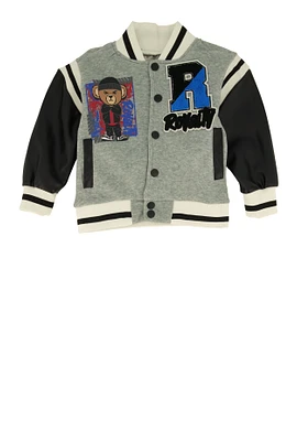 Toddler Boys Royalty Chenille Patch Graphic Varsity Jacket, Grey, Size 2T