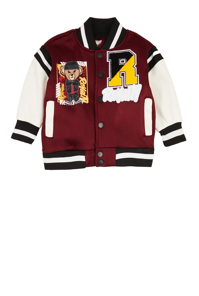 Toddler Boys Royalty Chenille Patch Graphic Varsity Jacket, Red, Size 4T