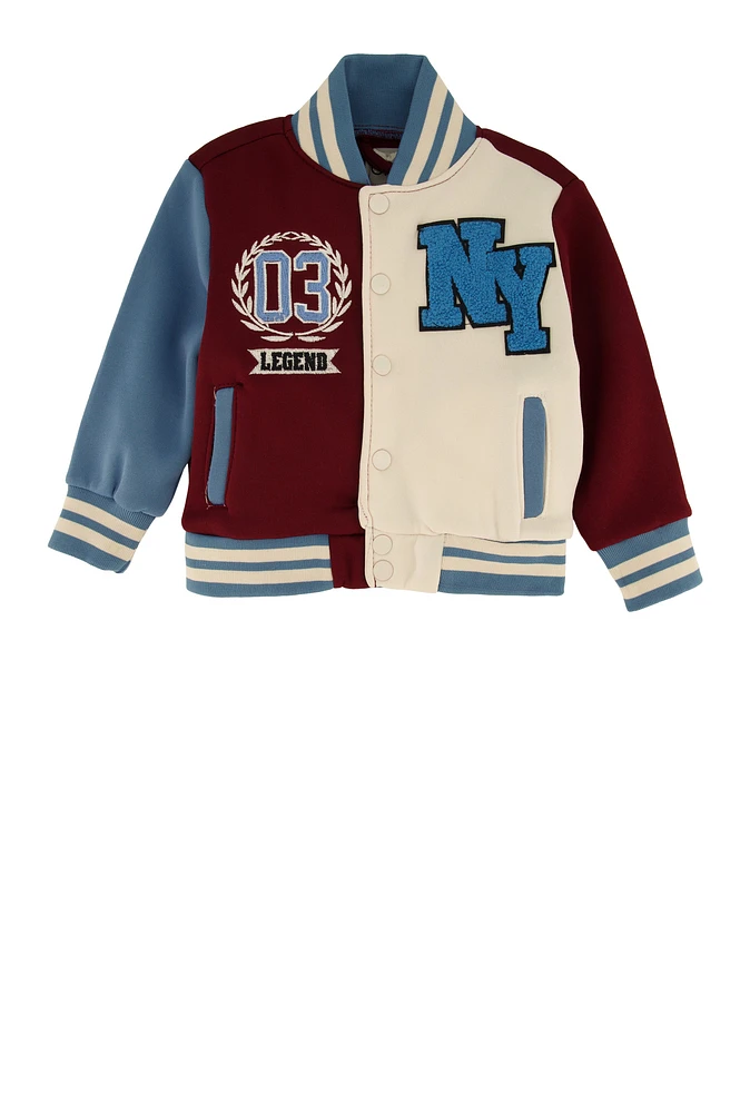 Toddler Boys City Graphic Chenille Patch Varsity Jacket, Burgundy, Size 2T