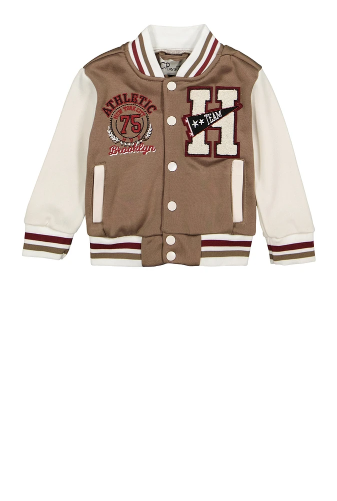 Toddler Boys H Initial Chenille Patch Varsity Jacket, Beige, Size 4T