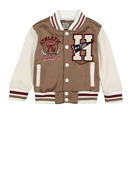 Toddler Boys H Initial Chenille Patch Varsity Jacket, Beige, Size 3T