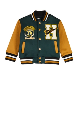 Toddler Boys H Initial Chenille Patch Varsity Jacket, Green, Size 4T