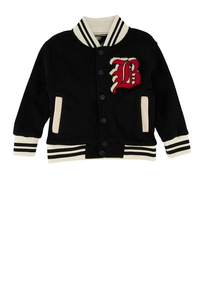 Toddler Boys B Initial Chenille Patch Graphic Varsity Jacket, Black, Size 4T