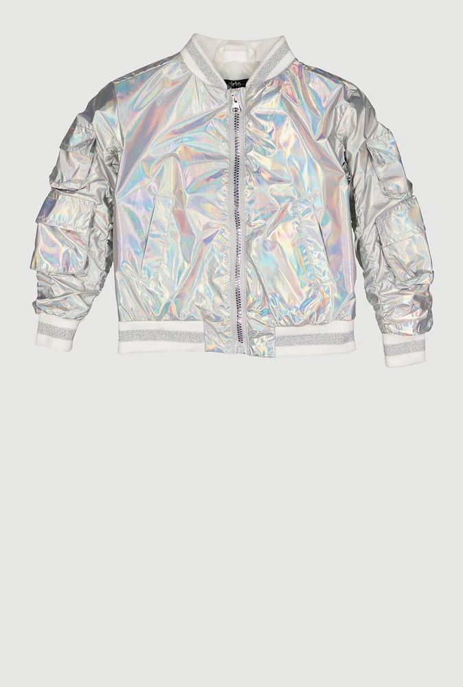 Toddler Girls Metallic Cargo Pocket Bomber Jacket, Silver, Size 2T