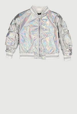 Toddler Girls Metallic Cargo Pocket Bomber Jacket, Silver, Size 2T