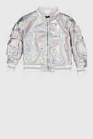 Toddler Girls Metallic Cargo Pocket Bomber Jacket, Silver, Size 2T