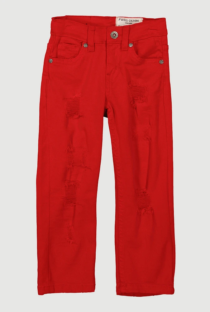 Toddler Boys Distressed Patch and Repair Jeans, Red, Size 2T