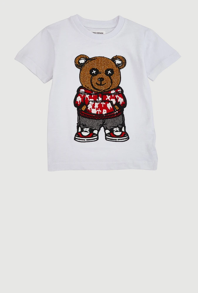 Toddler Boys Chenille Bear Graphic T Shirt, White, Size 3T