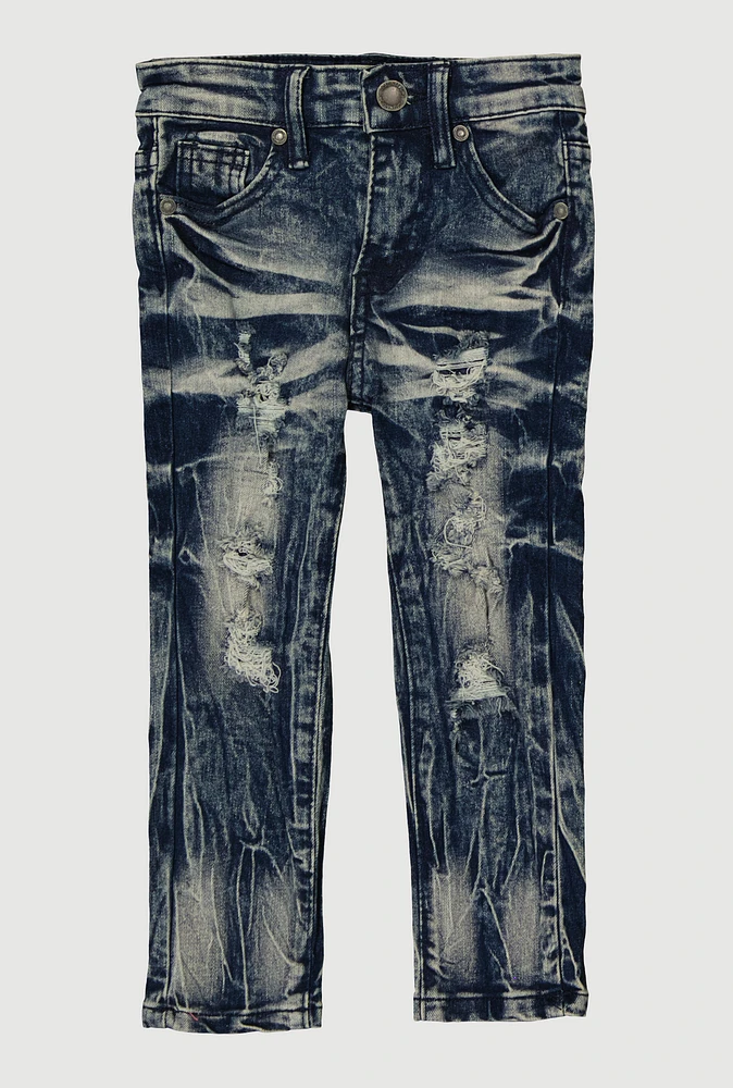 Toddler Boys Mineral Wash Distressed Whiskered Jeans, Blue, Size 4T