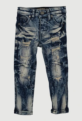 Toddler Boys Mineral Wash Distressed Whiskered Moto Jeans, Blue, Size 2T