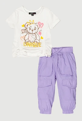 Baby Girls 12-24M Unique Bear Ruched Tee and Cargo Joggers, White, Size 24M