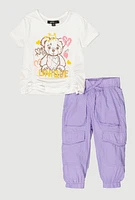 Baby Girls 12-24M Unique Bear Ruched Tee and Cargo Joggers, White, Size 24M