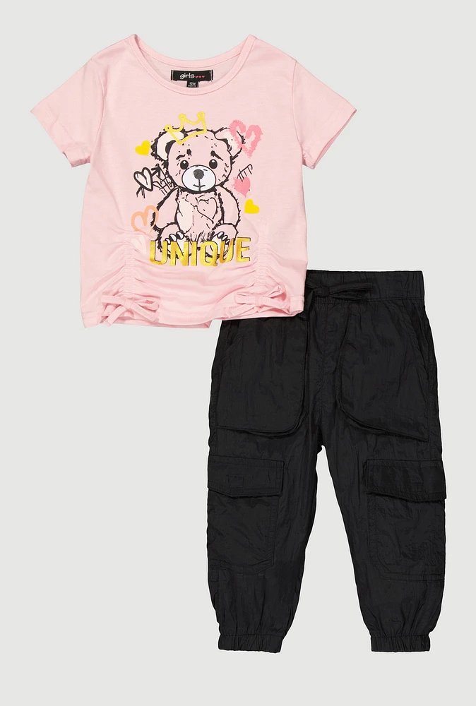 Baby Girls 12-24M Unique Bear Ruched Tee and Cargo Joggers, Pink, Size 24M