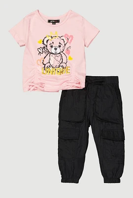 Baby Girls 12-24M Unique Bear Ruched Tee and Cargo Joggers, Pink, Size 24M