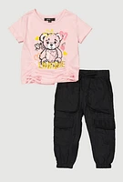 Baby Girls 12-24M Unique Bear Ruched Tee and Cargo Joggers,