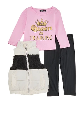 Baby Girls 12-24M Queen Graphic Tee and Puffer Vest with Leggings, Multi, Size 12M