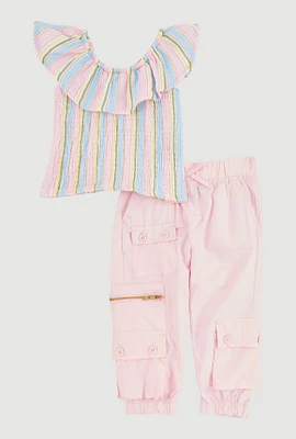 Baby Girls 12-24M Ruffle Overlay Smocked Top and Cargo Joggers, Multi,