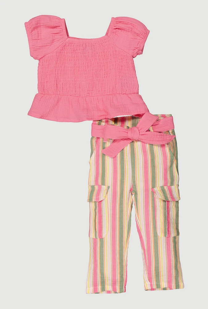 Baby Girls 12-24M Peplum Top and Striped Cargo Pants, Pink, Size 24M