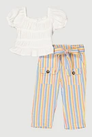 Baby Girls 12-24M Gauze Knit Peplum Top and Striped Pants,