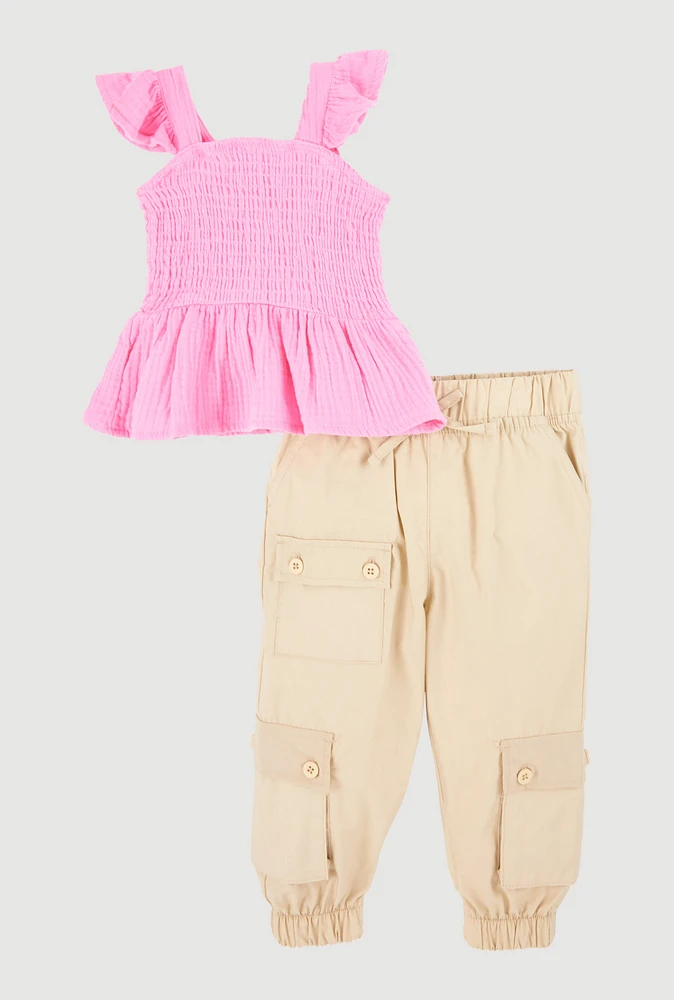 Baby Girls 12-24M Smocked Sleeveless Top and Cargo Joggers Set, Multi, Size 24M