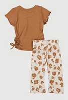 Baby Girls 12-24M Ribbed Short Sleeve Top and Floral Pants, Brown, Size 24M