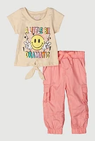 Baby Girls 12-24M Smiley Glitter Graphic Tie Front Top and Joggers, Multi, Size 18M