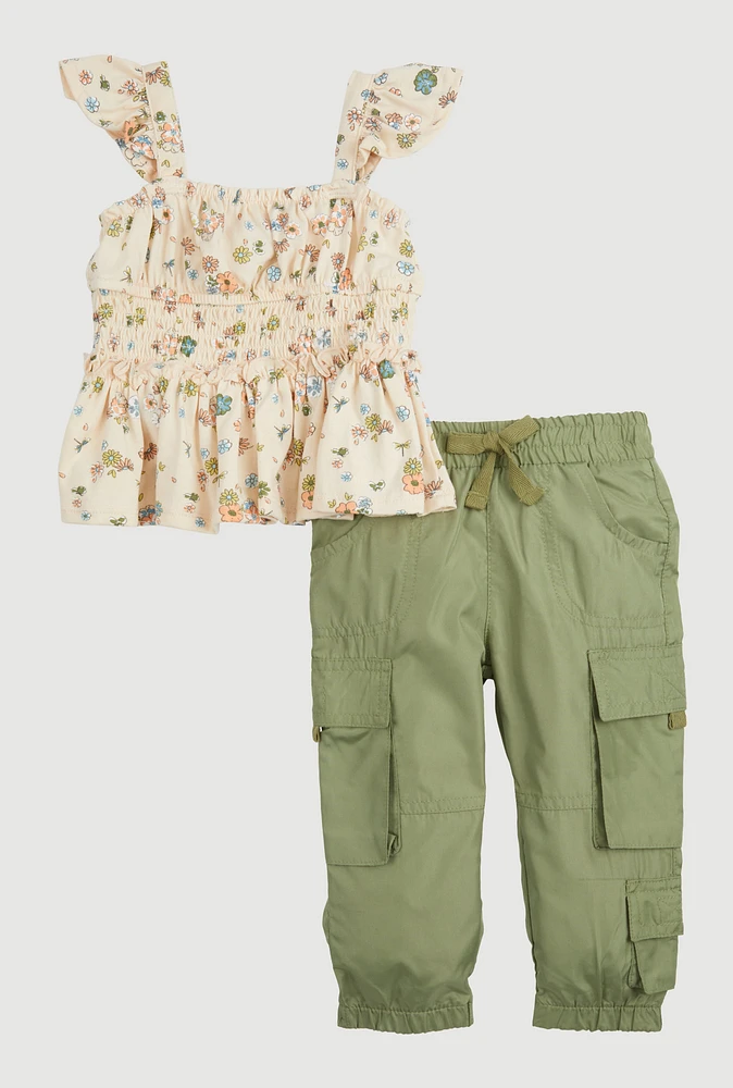 Baby Girls 12-24M Floral Print Peplum Top and Joggers, Green, Size 18M