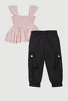 Baby Girls 12-24M Smocked Sleeveless Top and Cargo Joggers, Multi, Size 18M