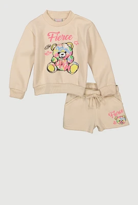 Baby Girls 12-24M Fierce Bear Graphic Sweatshirt and Sweatshorts, Beige, Size 18M