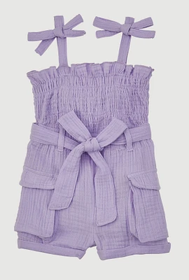 Baby Girls Gauze Knit Bow Strap Romper with Tie Waist Belt,