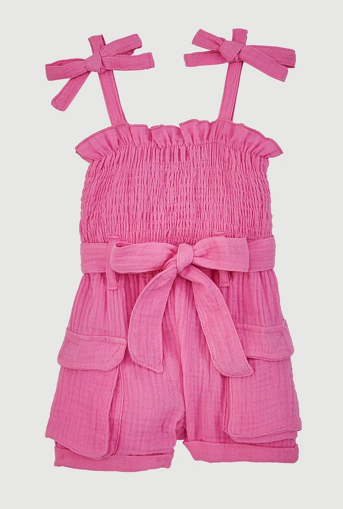 Baby Girls Gauze Knit Bow Strap Romper with Tie Waist Belt,