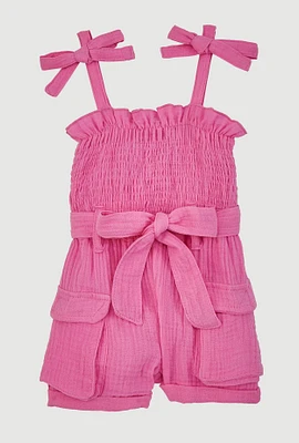 Baby Girls Gauze Knit Bow Strap Romper with Tie Waist Belt,