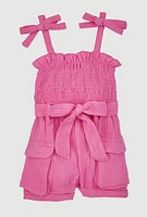Baby Girls Gauze Knit Bow Strap Romper with Tie Waist Belt,