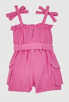 Baby Girls Gauze Knit Bow Strap Romper with Tie Waist Belt,